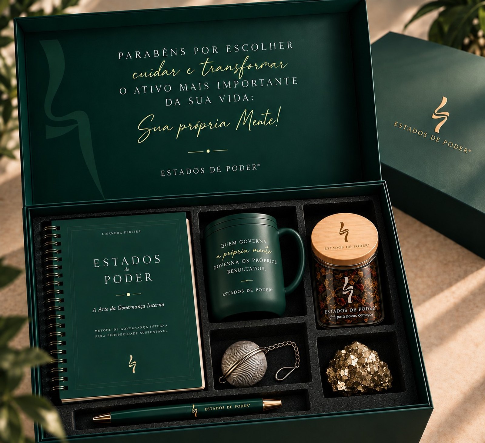 Kit Estados de Poder com caderno, caneca, chá, infusor e caneta